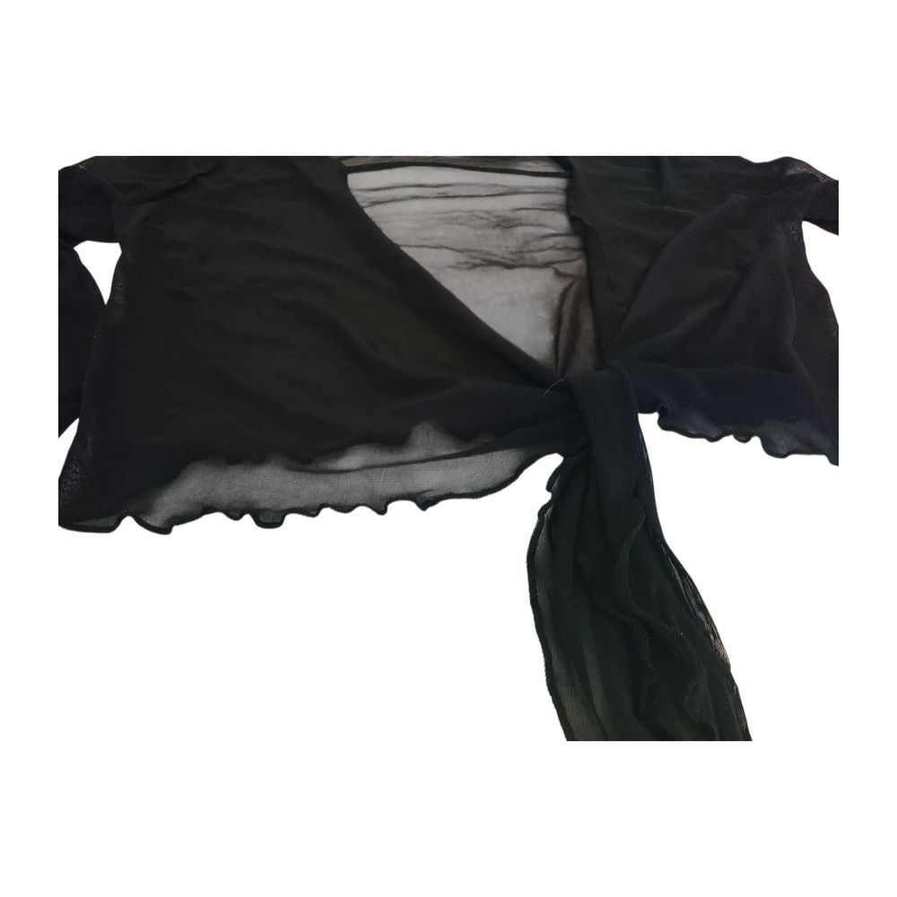 Black Sheer Tie Front Cardigan Jacket Cropped Real Feather Cuffs Tie Front sz s - Picture 11 of 16